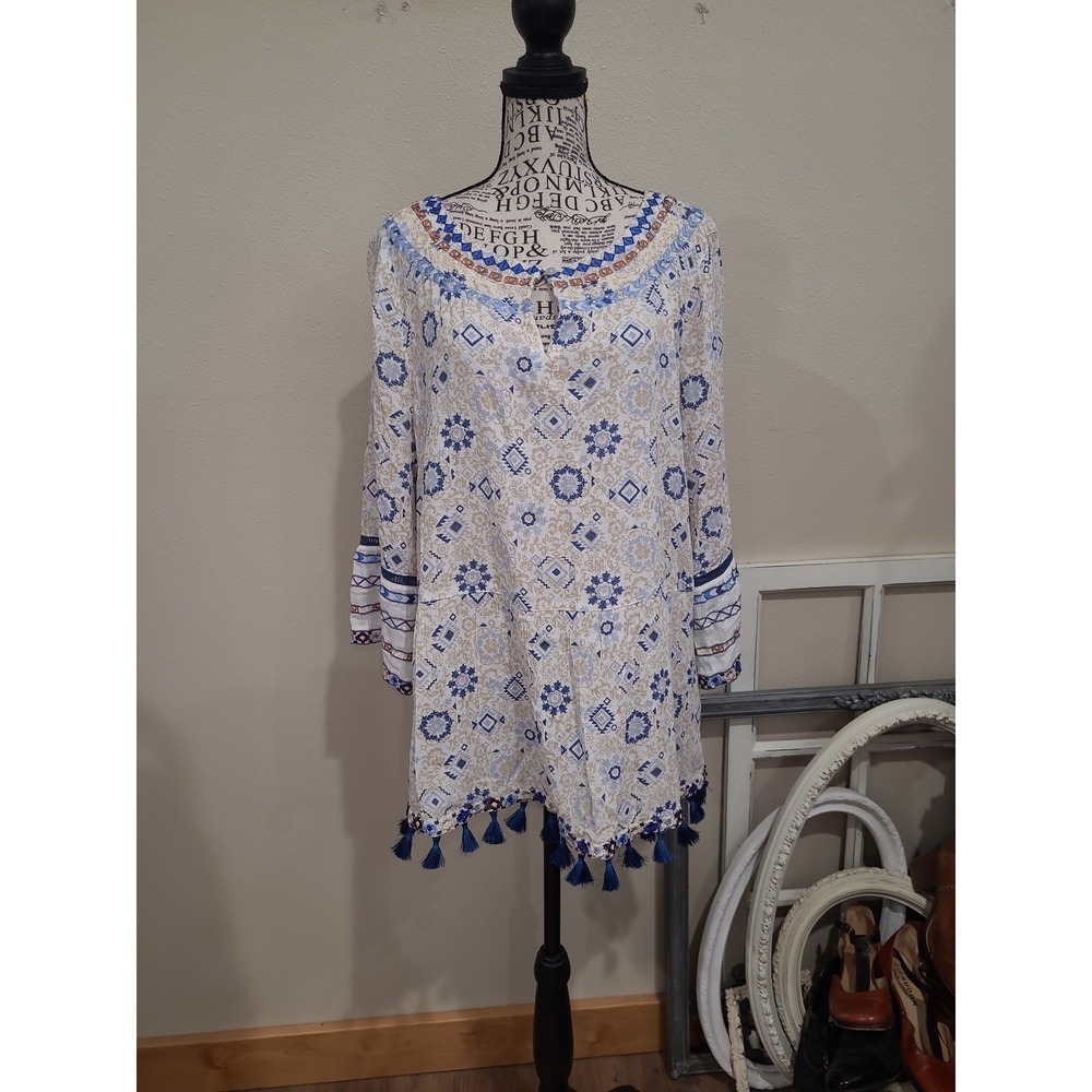 J.Jill Women SZ L blue & cream print tunic pullover with peplum and tassels boho
